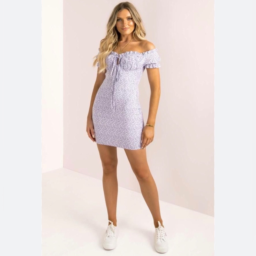 Purple floral off-shoulder mini dress. Size 6.